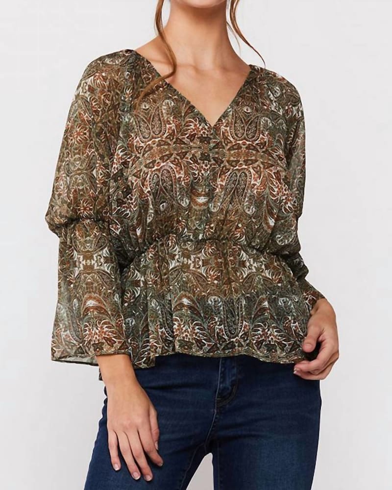 Front of a model wearing a size XL Fauntine Bell Sleeve Top in Amber in Amber by Velvet Heart. | dia_product_style_image_id:343319